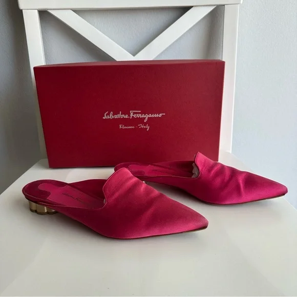 Salvatore Ferragamo Maida Satin Pointed Toe Low Heeled Mules in Fuchsia Pink - Picture 2 of 10
